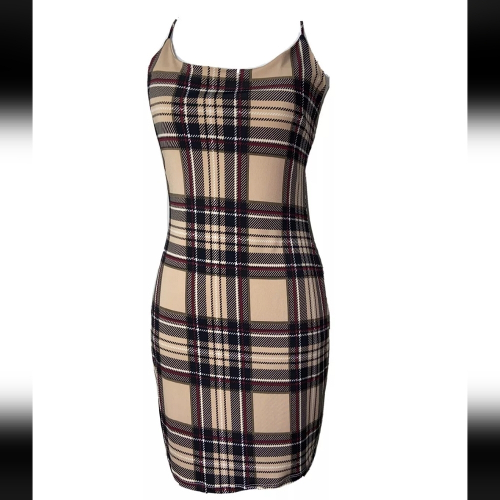 Tan with black red & white plaid mini bodycon dress. Perfect for spring weather